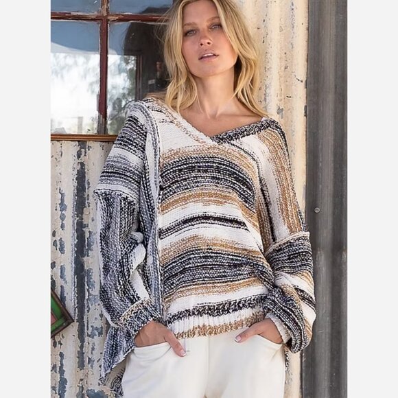 Striped V-Neck Sweater – Relaxed Fit, Super Soft & All-Season - Picture 1 of 8